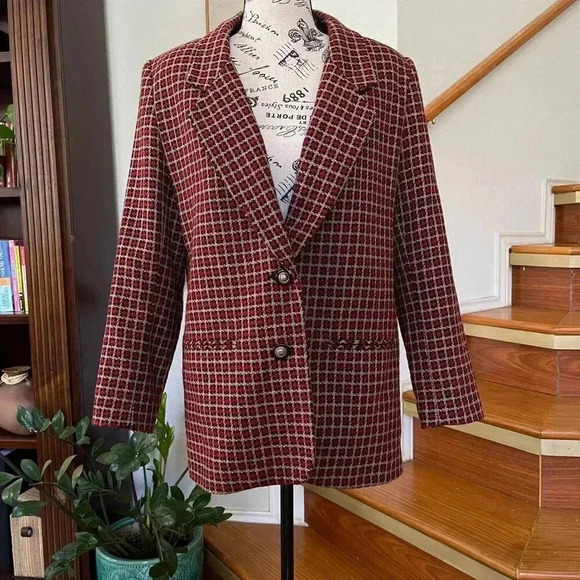 VTG Alfred Dunner Gingham Blazer Jacket Red Petite10 Wool Preppy Career Academia - Picture 4 of 14